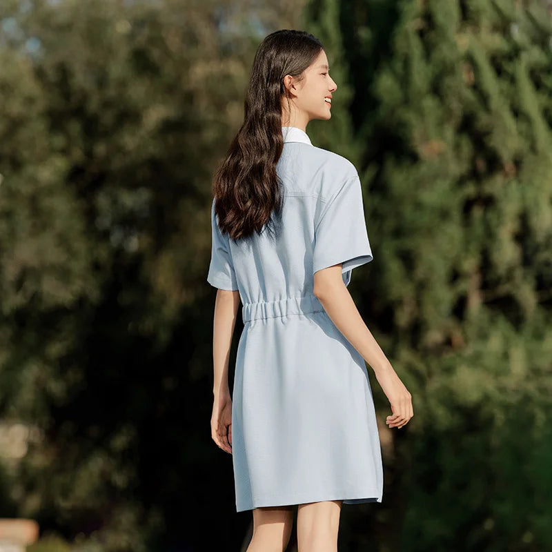 Dress Turn-down Collar Stylish and Summer New Simple and Sweet Waist-cinching Short Skirt