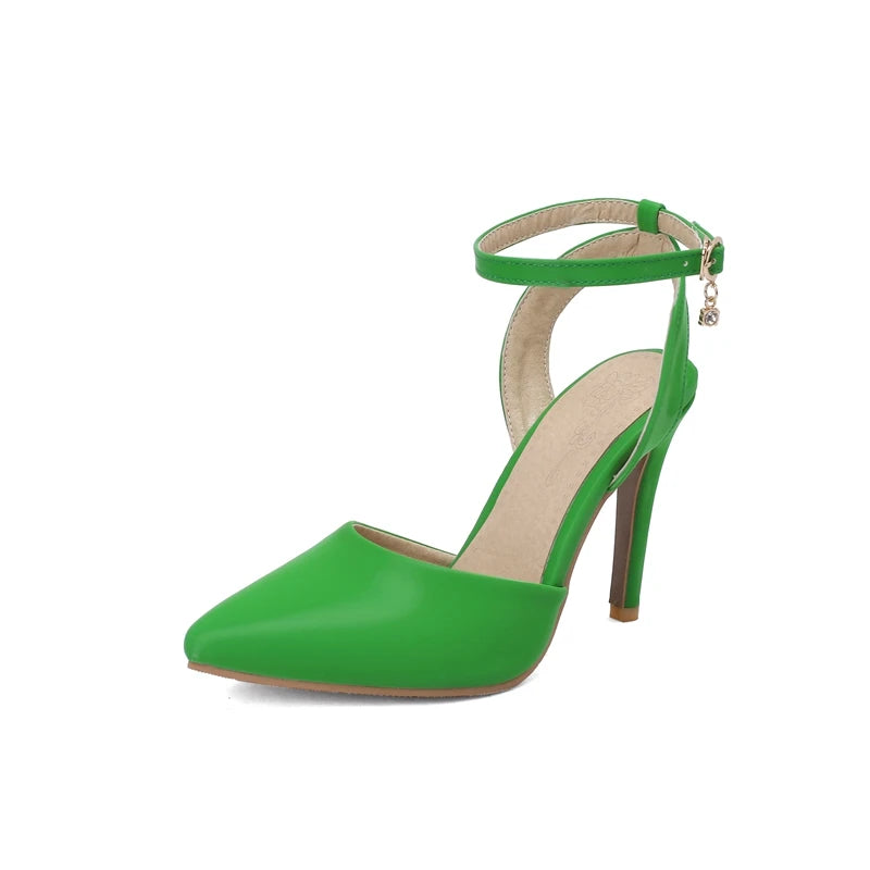 Summer Pu Leather Ankle Strap Buckle Stiletto Pumps Slingback Pointed Toe High Heels Sandals Shoes Large Size 3350