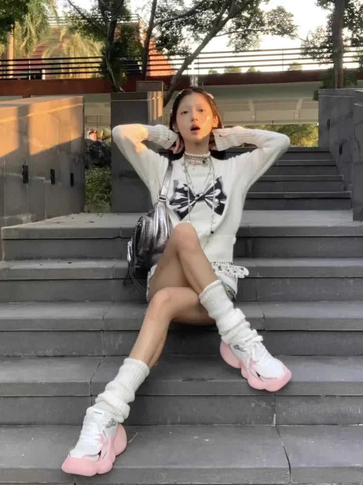 White Bow Graphic Sweater Half High Collar Kawaii Long Sleeve Knitwear Skinny Y2k Aesthetics Autumn Winter Clothes