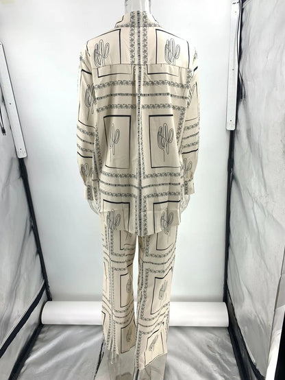 Printed Shirts Two Piece Set Long Sleeve Lapel Shirts High Waist Wide Leg Pants Suit for Home Wear Outfits Clothing