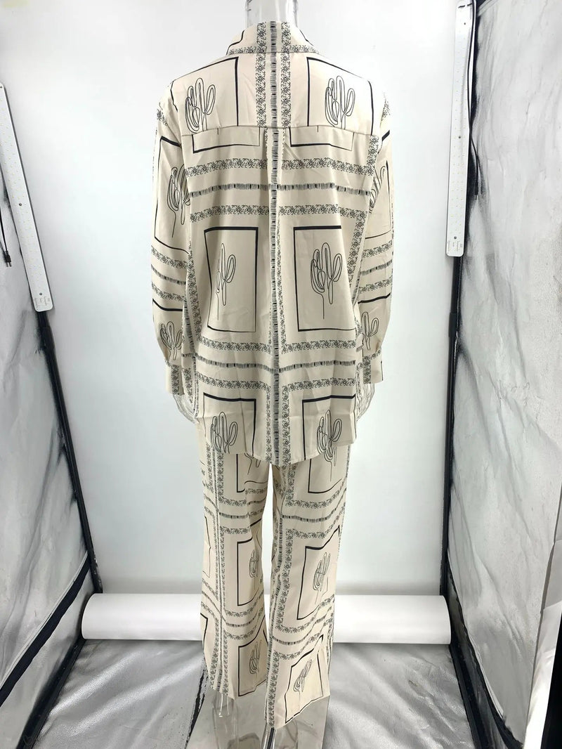 Printed Shirts Two Piece Set Long Sleeve Lapel Shirts High Waist Wide Leg Pants Suit for Home Wear Outfits Clothing