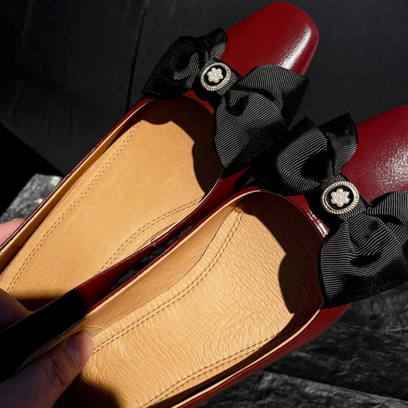 Genuine Leather Square Toe Slipon Pumps Korean Style Sweet Bowtie 4.5cm Thick Med Heel Shoes