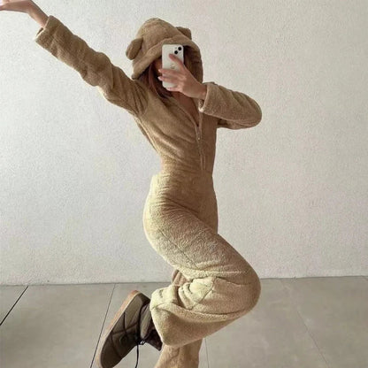Fall Winter Long Sleeve Soft Fleece Jumpsuits Hear Hooded Zipper Playsuits Warm Sleepwear Romper