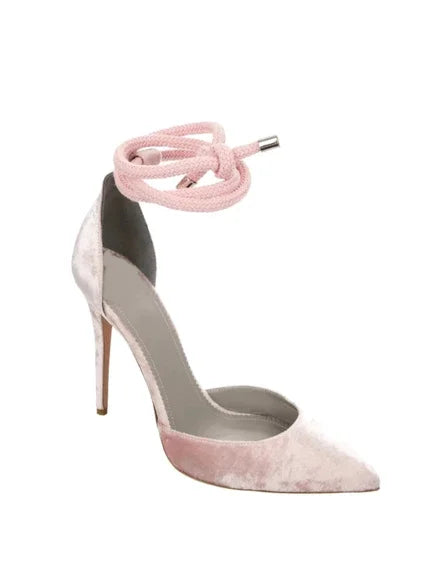 Velvet Sandals Pointed Toe Ankle Rope Ties Stiletto Heels Lace Up Summer Causal Holiday Party Dress Shoes