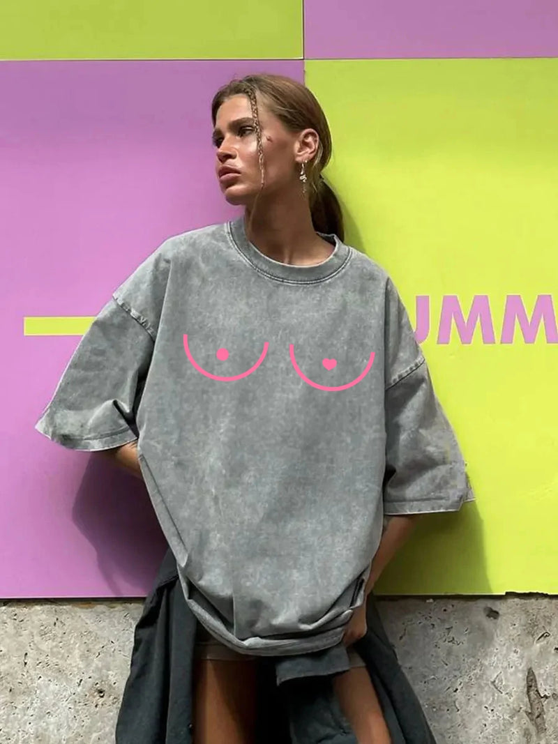 Summer Cotton Washed T Shirts Heart Funny Graphic T-shirt Y2k Loose Retro Short Sleeve Tee Hip Hop