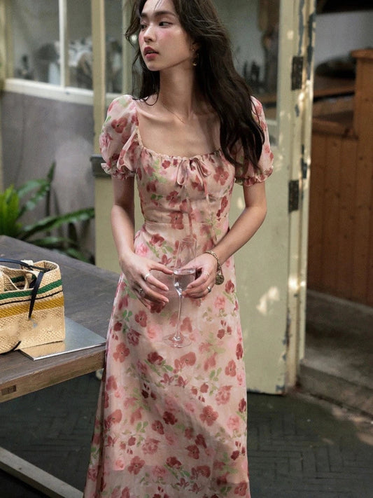 French Printed Midi Dresses for Summer Puff Sleeve Square Collar Slim Party Dress One Piece Vestido