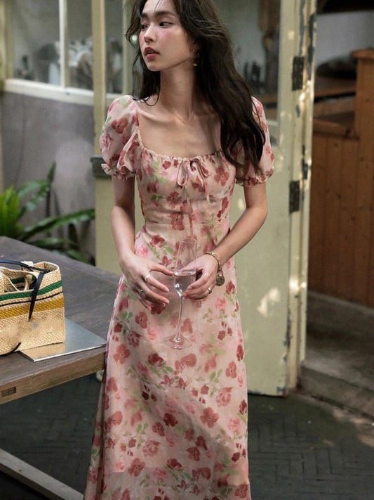 French Printed Midi Dresses for Summer Puff Sleeve Square Collar Slim Party Dress One Piece Vestido