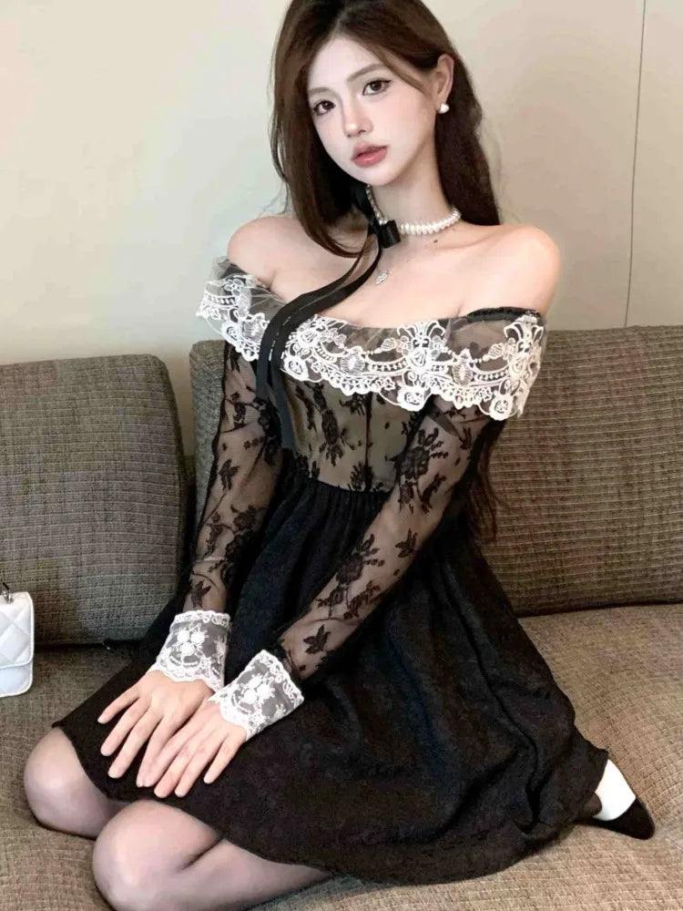 Y2k Sweet Black Mini Dresses for Slash Neck Lace Patchwork Slim Waist Aline Korean Short Vestidos Mujer
