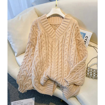 Harajuku Sweater Oversized Pink V Neck Knitted Pullovers Korean Long Sleeve Knitwear Winter Jumpers