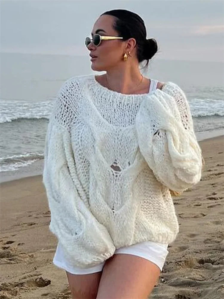 Knitted Seethrough Sweater Pullover Autumn Loose Pullover Color Y2k Knitted Pullover