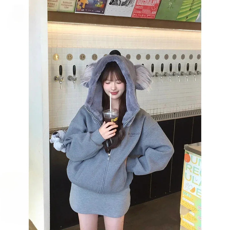 Sweet Hot Girl American Koala Hoodie Autumn/winter Longsleeved Zipper Loose Coat Female Clothes