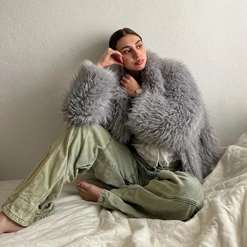 Fluffy Faux Mongolian Fur Coat for Winter Warm Furry Tibetan Sheep Fur Jacket Female Shaggy Overcoat