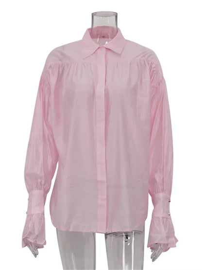 Loose See-through Shirts ’s Autumn Lapel Long Sleeve Patchwork Blouse Top Female Shirts Top