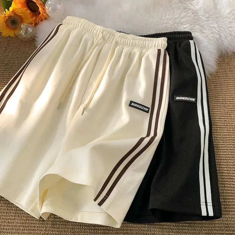 Striped Shorts Summer Loose Wide Leg Shorts Korean Elastic Waist Sports Shorts Bf Couple Oversized