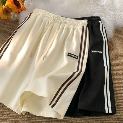 Striped Shorts Summer Loose Wide Leg Shorts Korean Elastic Waist Sports Shorts Bf Couple Oversized