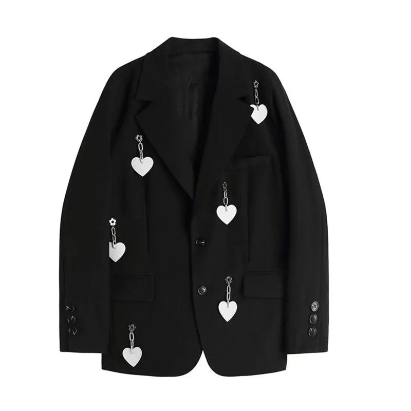 Blazer Jacket Loose Pockets Female Heart Chain Loose Long Sleeve Work Suit Coat Office Lady Blazers