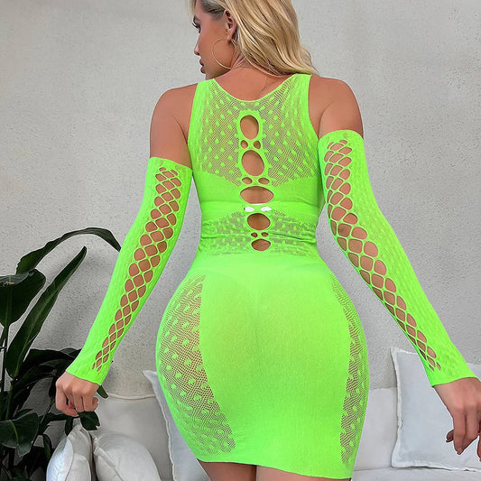 Lace Fishnet Hollow Erotic Lingerie Mini Dress