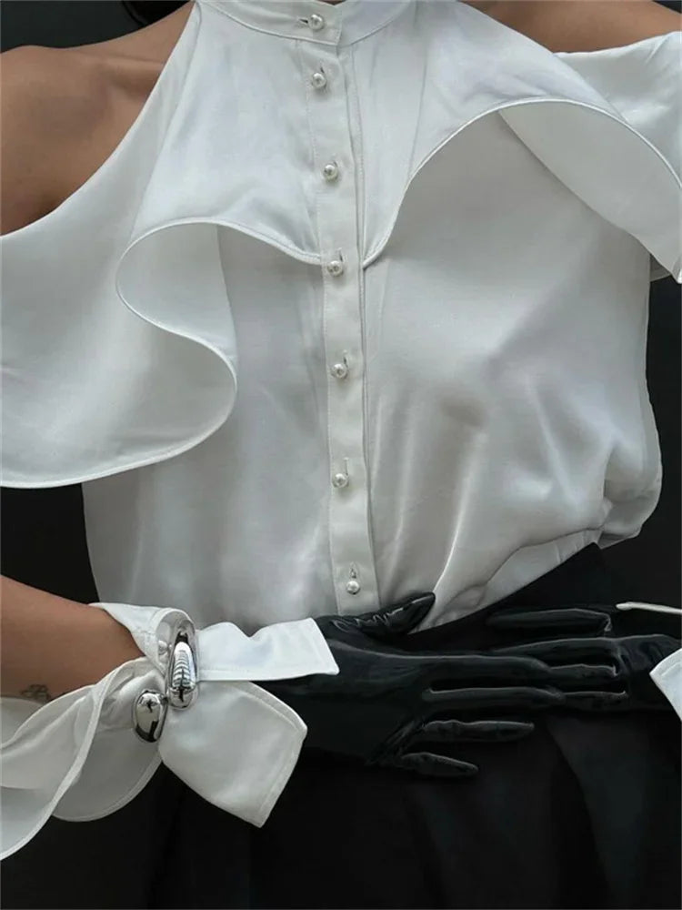 White Ruffled Shirts Top for Patchwork Off-shoulder High Waist Female Summer Blouse
