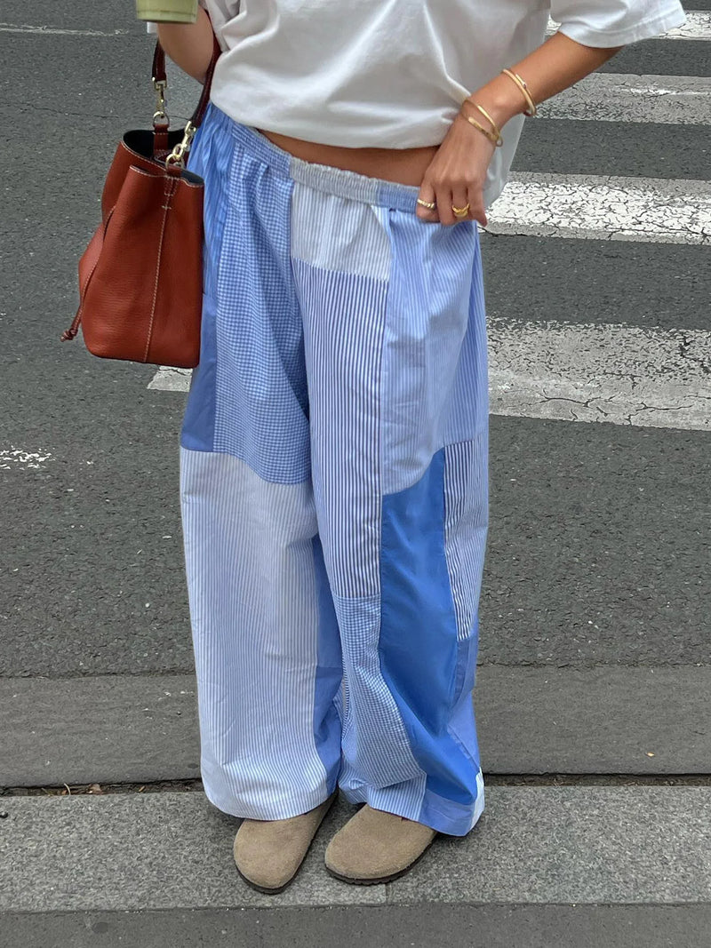 Grunge Aesthic Color Block Blue Stripe Baggy Trousers for Elastic Waist Loose Woven Pants Lazy Homewear