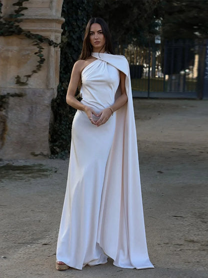 Satin Ribbon Halter Party Evening Dress Backless Off Shoulder Sleeveless Long Dresses Lady Robes