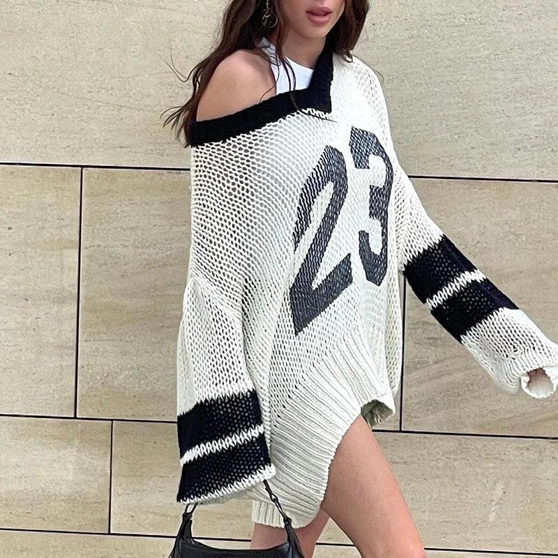 American Preppy Sweaters Pull Femme Vneck Long Hollow Out Knitwear Autumn New Loose Slim Y2k Clothes