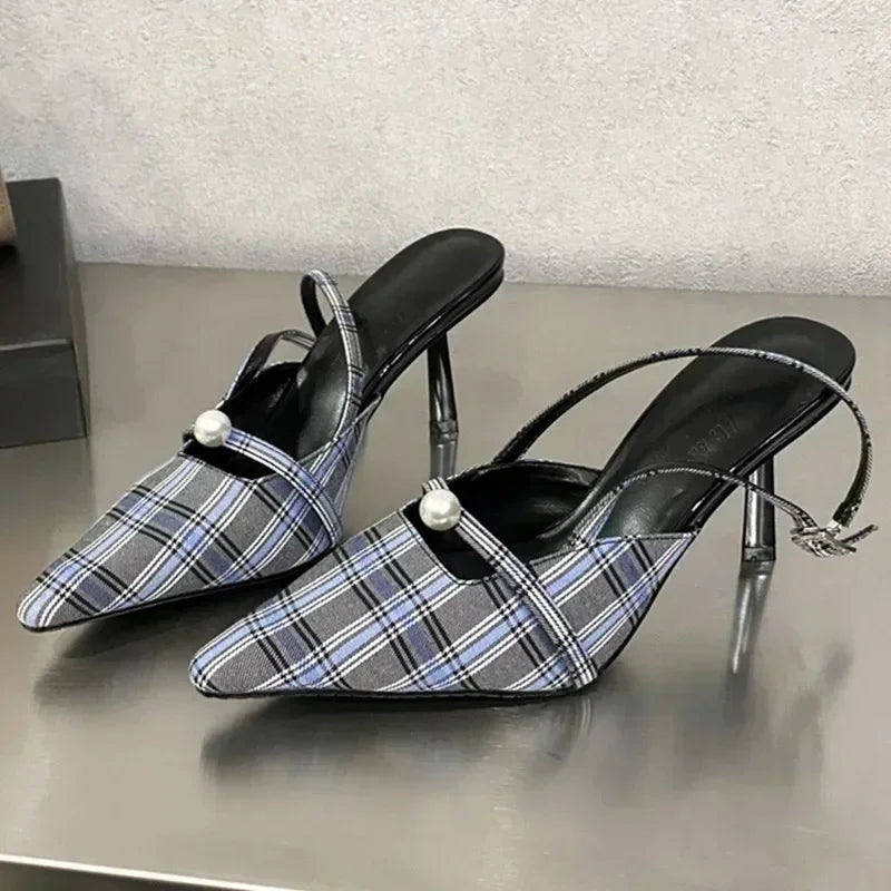 Pointed Toe Retro Plaid High Heels Slingbacks Shoes Pumps Office Dress Shoes Sandalias De Mujer
