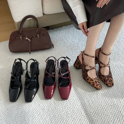 Design Mary Jane Shoes Cross Belt Buckle Chunky Slingback Shoes Leopard Elegance High Heeled Sandals