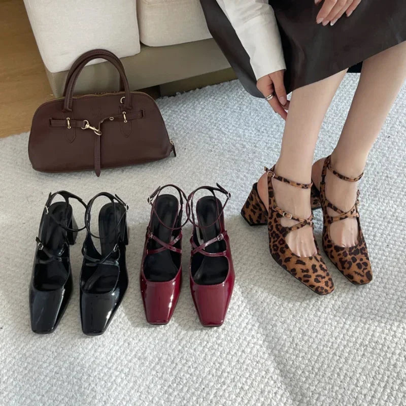 Design Mary Jane Shoes Cross Belt Buckle Chunky Slingback Shoes Leopard Elegance High Heeled Sandals