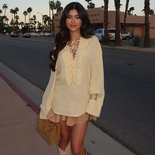 Ruffled Pleated Long Sleeve Blouse