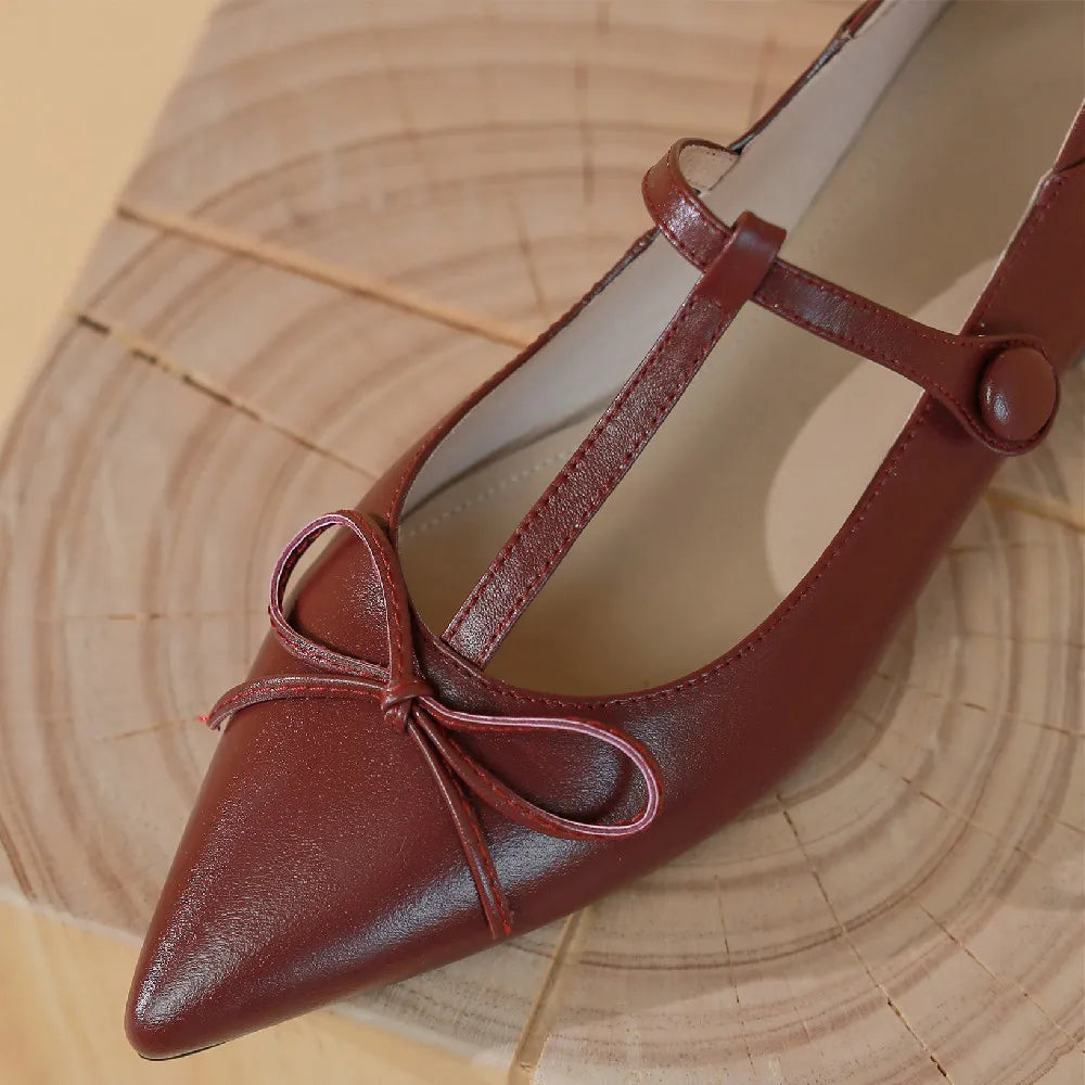 Genuine Leather Pointed Toe Tstrap Ballet Flats Single Shoes Soft Comfortable Female Sprinng New Ballerians