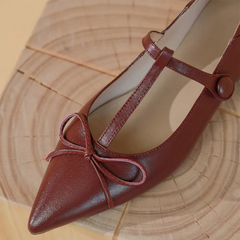 Genuine Leather Pointed Toe Tstrap Ballet Flats Single Shoes Soft Comfortable Female Sprinng New Ballerians