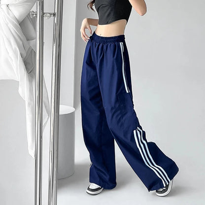 Striped Sweatpants Hip Hop Baggy Wide Leg Cargo Pants Bf Y2k High Waist Drawstring Joggers Trousers