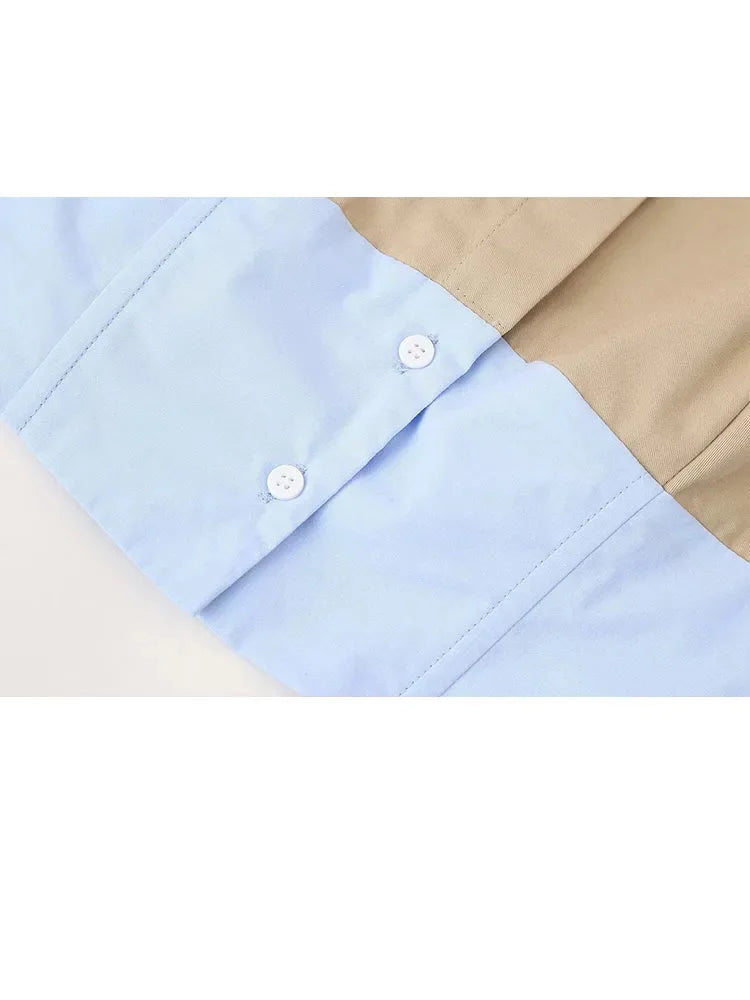 Woman Splicing Lapel Long Sleeve Blouses Cropped Tops Female Singlebreasted Short Shirts Y2k