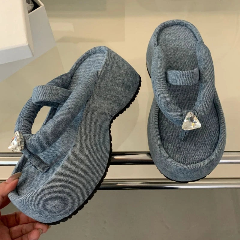 Satin Crystalline Thicksoled Flip Flops Shoes Summer Open Toe Back Strap Party Beach Sandals