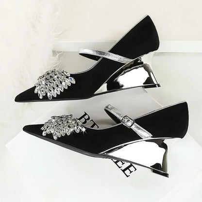 Rhinestone Design Wedge Shoes Shallow Pointed Toe Pumps Female Diamond Butterflyknot High Heels Zapatos De Mujer