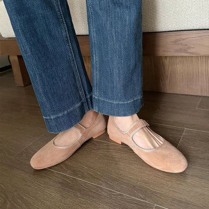 Flats Spring Summer Round Toe Genuine Leather Buckle Strap Mary Janes Office Lady Working Shoes Woman Concise