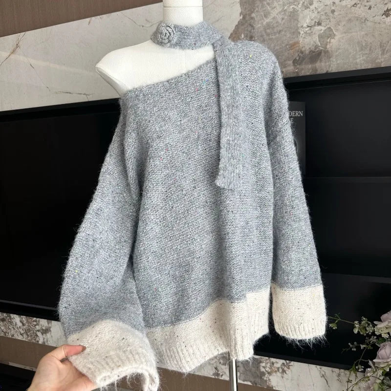 Sweet Hot Girl Slash Neck Halter Sweater Autumn/winter Loose Off Shoulder Sequin Knitted Pullover Female Clothes