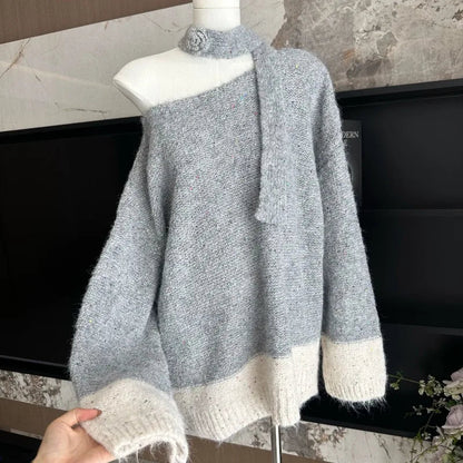 Sweet Hot Girl Slash Neck Halter Sweater Autumn/winter Loose Off Shoulder Sequin Knitted Pullover Female Clothes
