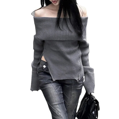 Korean Off Shoulder Knitted Jumpers for Zipper Split Slim Long Sleeve Gray Simple Street Sweaters
