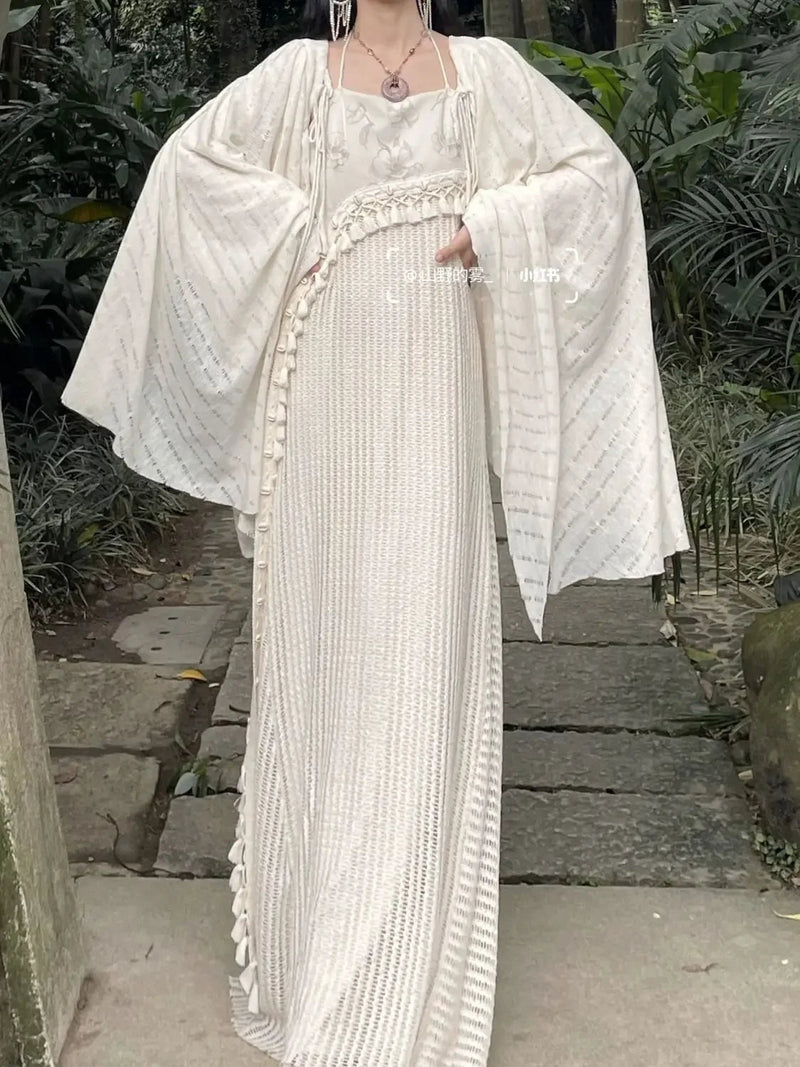 Chinese Style Knitted Spliced Suspender Dress Spring and Autumn Long Sleeve Coat Dress Set Two Piece Sets Outfits