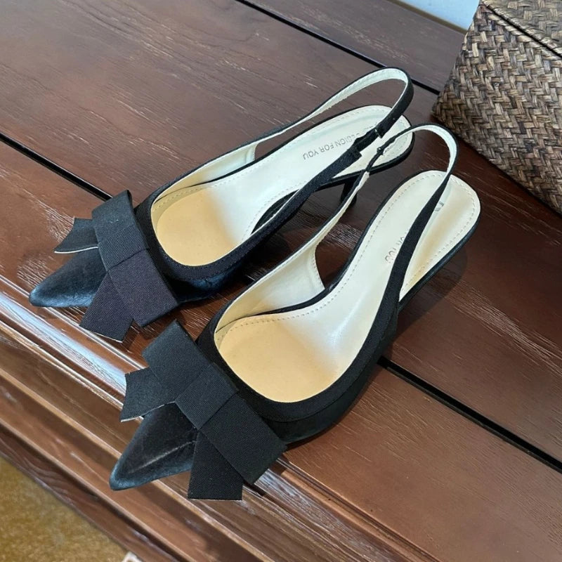 Bowknot Pointed Toe Thin Heel Sandals Satin Designer Heels Prom Backless Dress Shoes Zapatos De Mujer