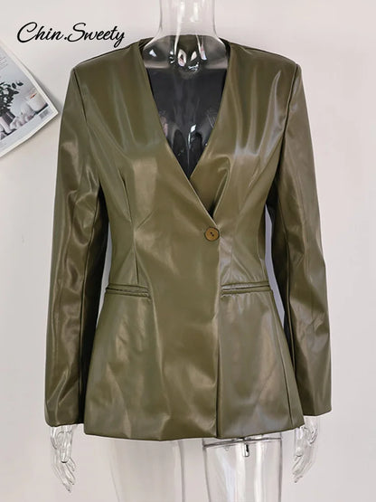 Street ’s Leather Jackets Green Pleat V-neck One Button Full Sleeve Pockets Waist Up Coat Spring Y2k Lady