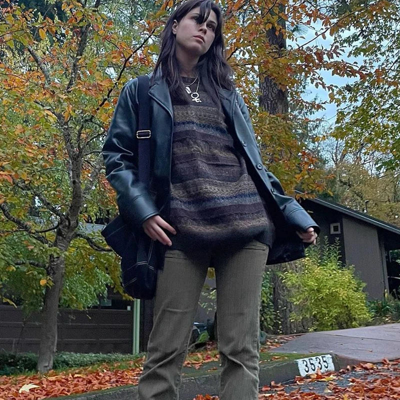 Preppy Grunge Retro Striped Knitted Sweater Autumn O Neck Full Sleeve Jumpers Fairycore Y2k Aesthetics Grandpa Pullovers
