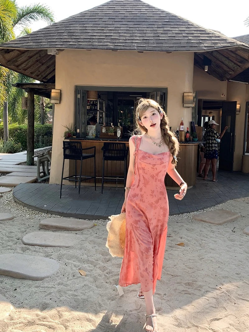 Y2k Spaghetti Strap Dress New Print Midi Dress Female Korean Slim Beach One Pieces Vestidos