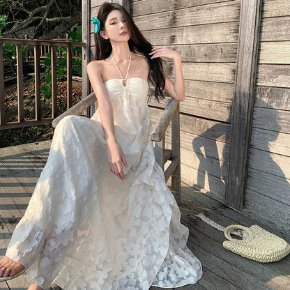 Summer Vestidos Beige Beach Holiday Backless Birthday Party Long Dress Club Halter Bandage Pleated Dress