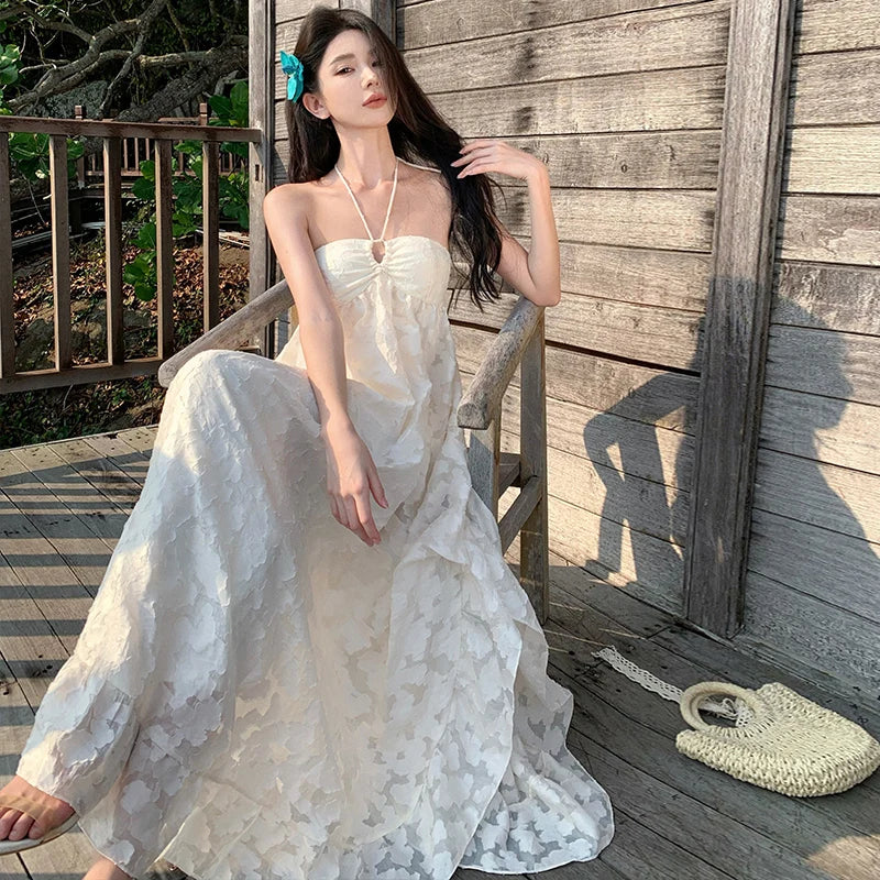 Summer Vestidos Beige Beach Holiday Backless Birthday Party Long Dress Club Halter Bandage Pleated Dress