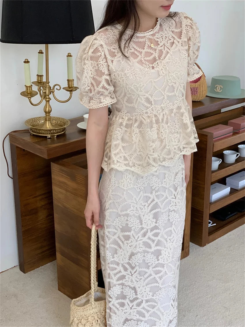 Slim Hollow Out Blouses Florals Summer Sets Office Lady High Waist Work Wear Long Skirts Suits