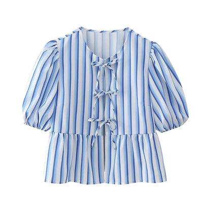 Summer Printed Cropped Shirts Top Puff Short Sleeves Round Neck Blouse Female Laceup Tshrit