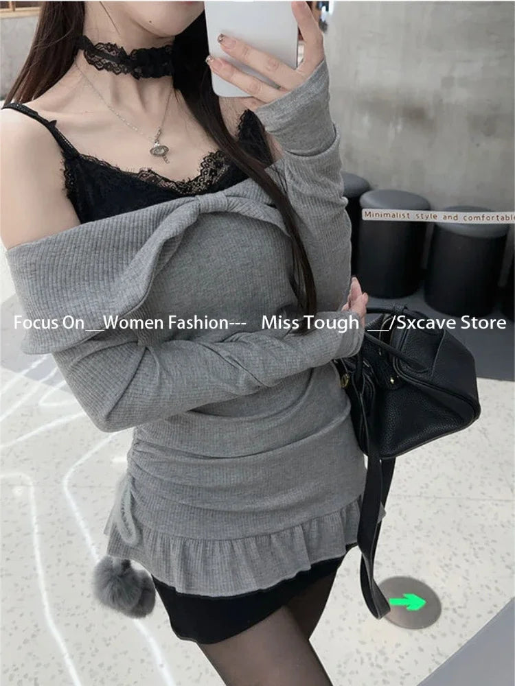 2 Piece Dress Sets Thin Y2k Knitted Sweater + Strap Black Dress Evening Party Clothing Korean Suits