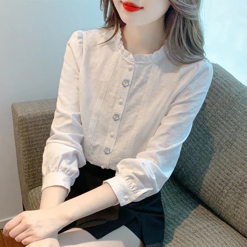 Embroidery Spring Autumn Blouses Shirts Lady Long Sleeve Stand Collar Color Blusas Tops Df4774
